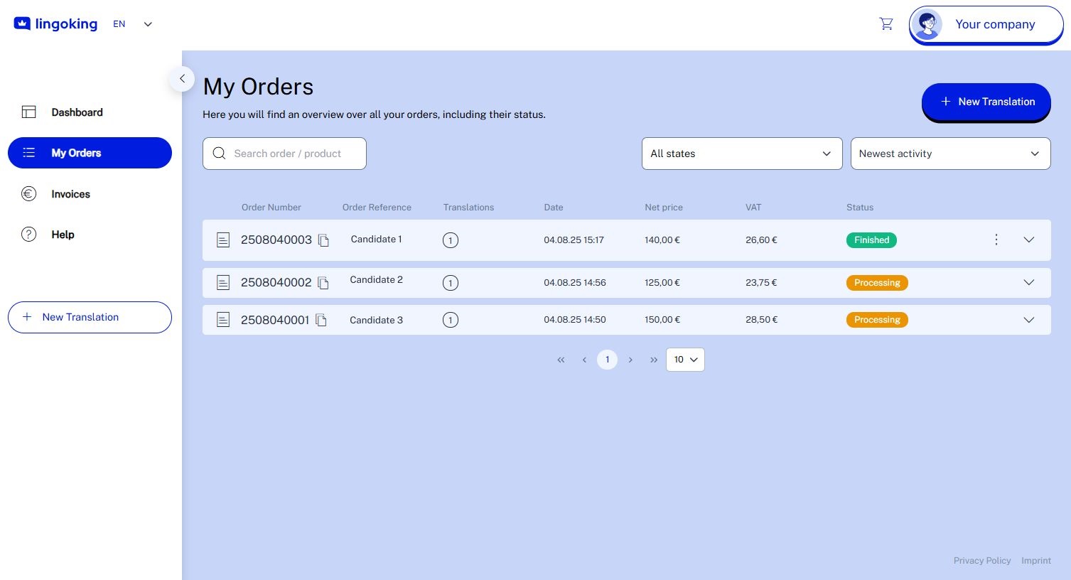 Customer Area Orders
