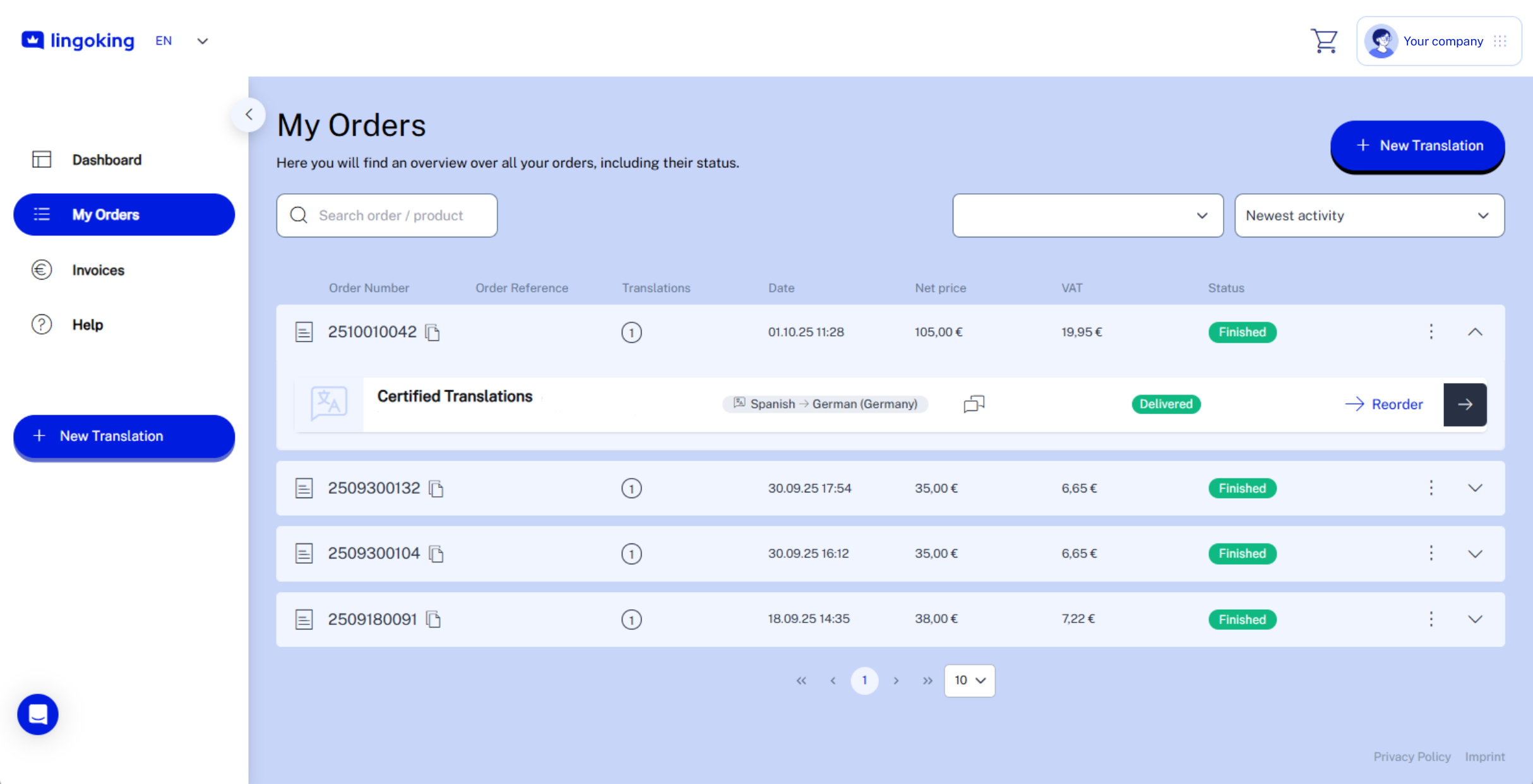 Customer Area Orders