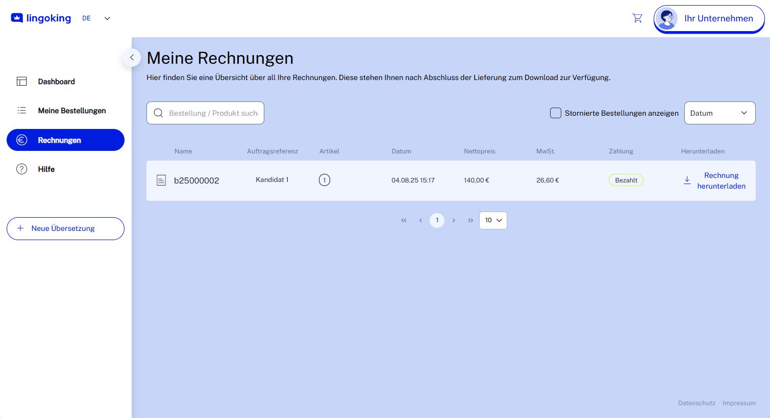 Customer Area Invoices