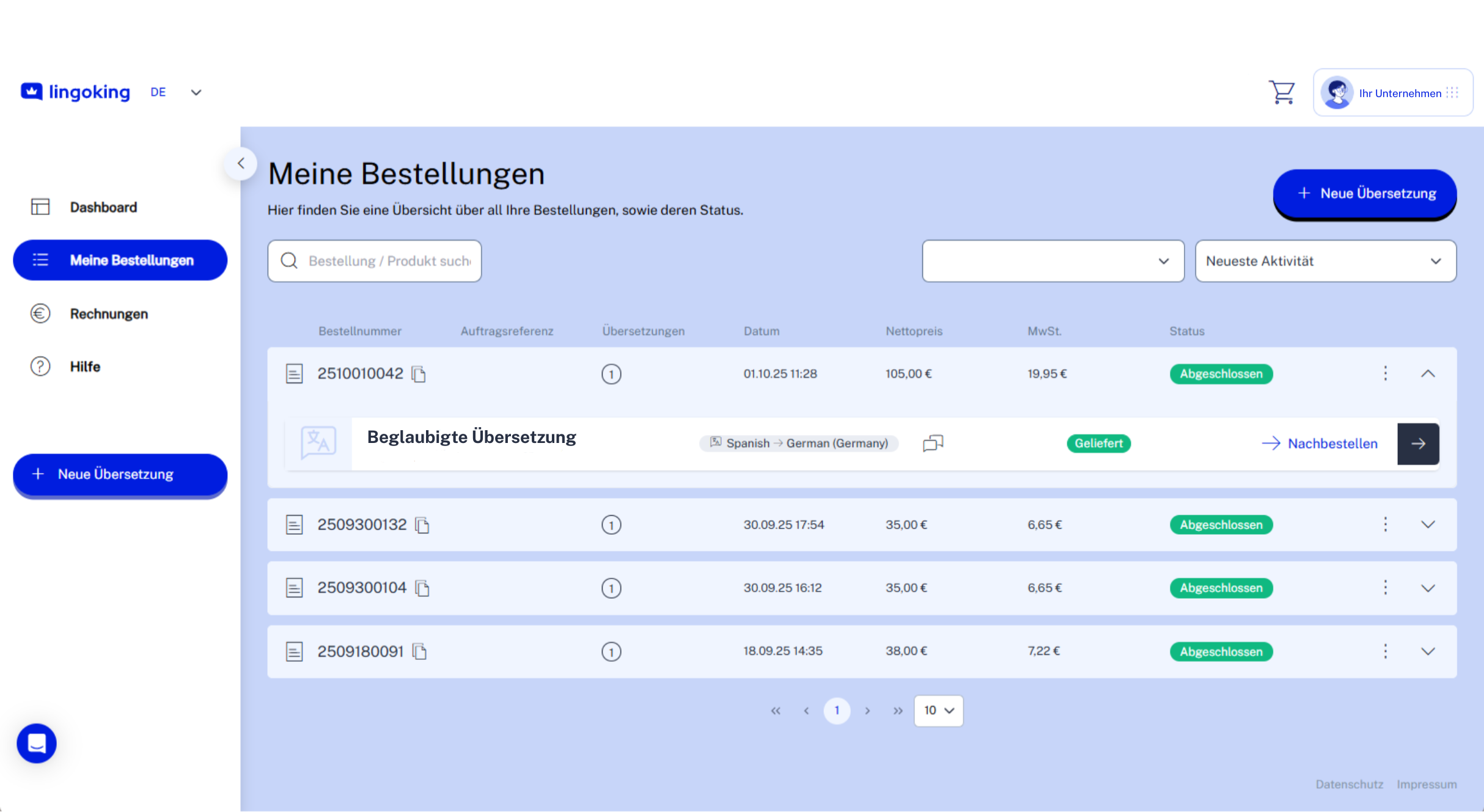 Customer Area Orders