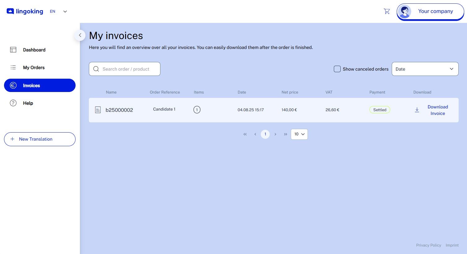 Customer Area Invoices