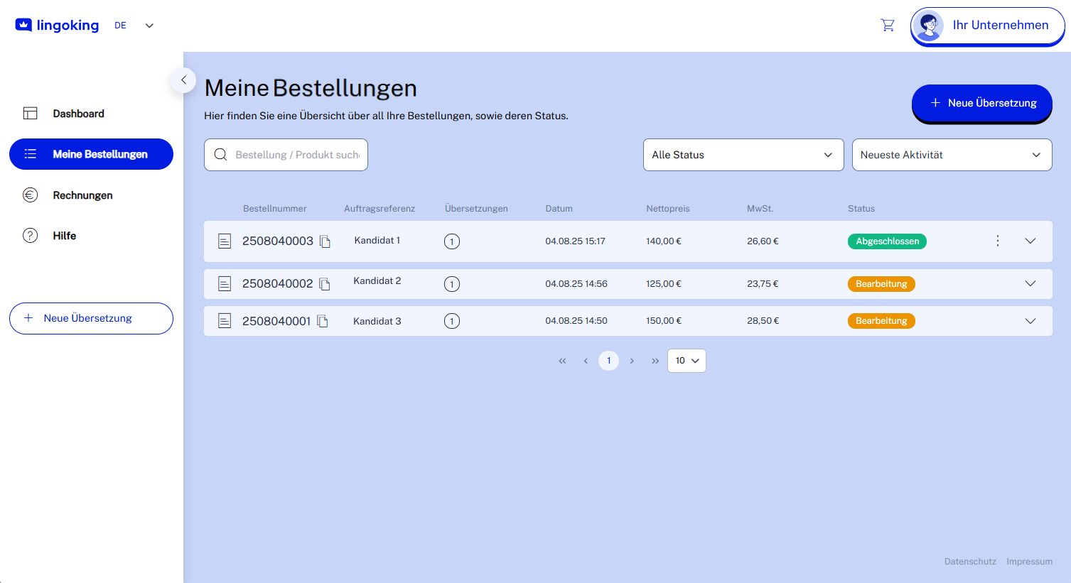 Customer Area Orders